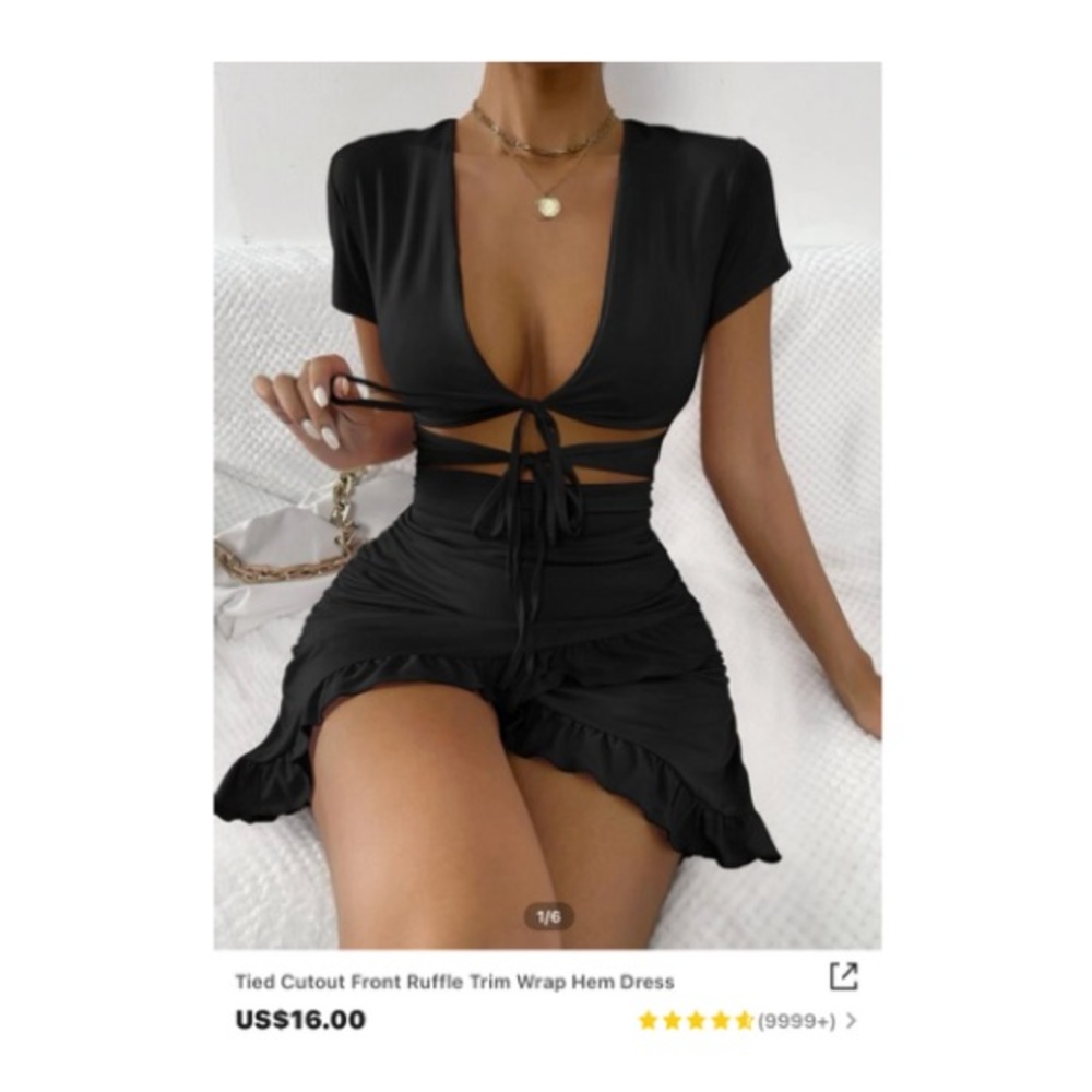 Tied Cutout Front Ruffle Trim Wrap Hem Dress